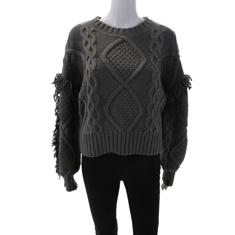 Line And Dot Womens Chunky Crochet Knit Fringe Cropped Sweater Gray Size Small